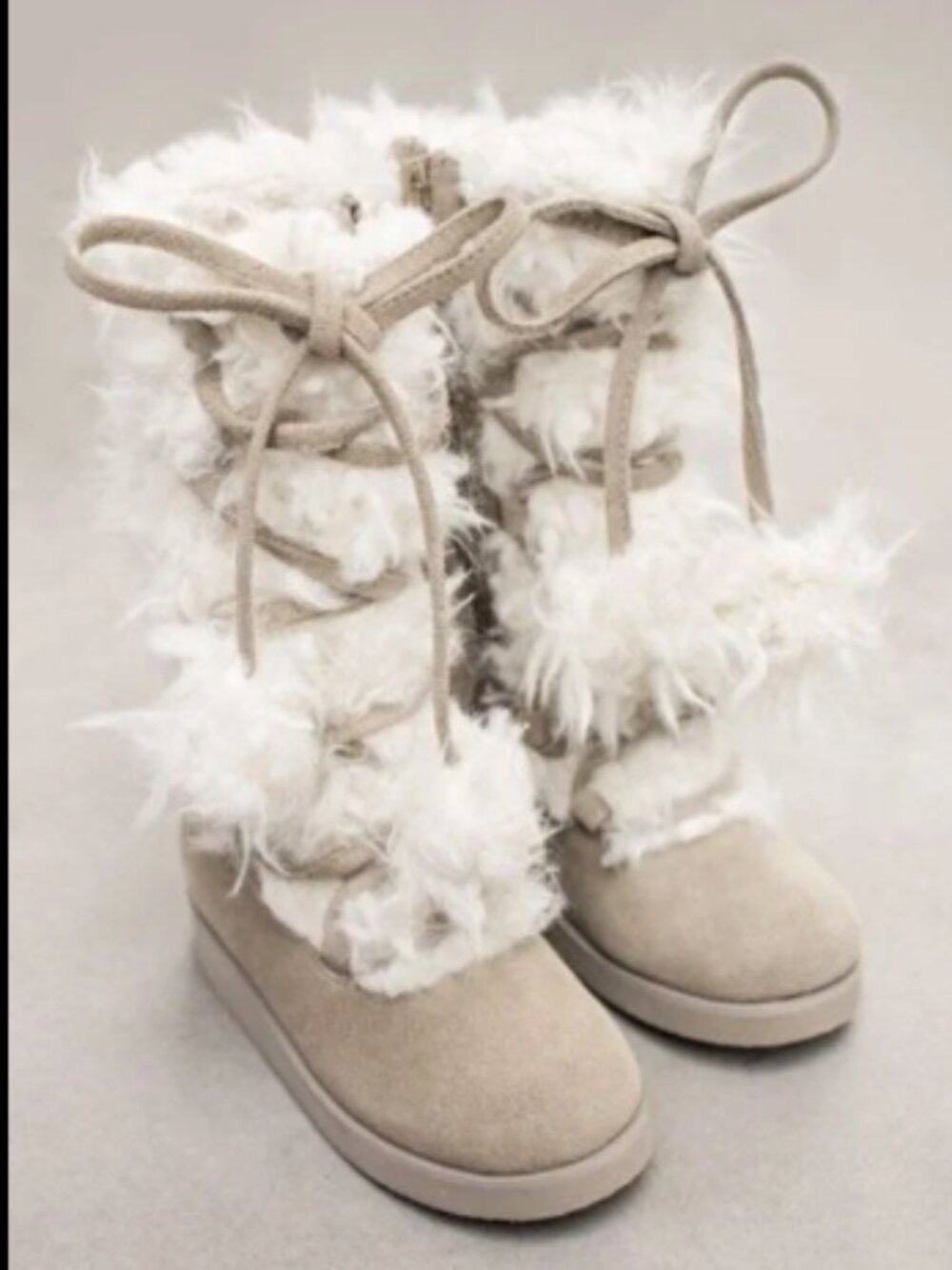 New Girls Joyfolie Belinda Boots Tan Suede White Faux Fur Pom Pom Lace Zip Up 7